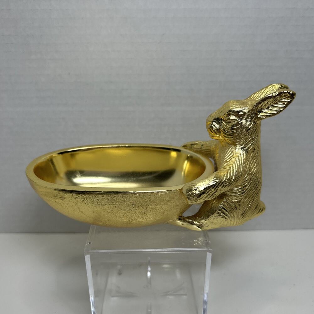 Goldtone Cast Metal Bunny Rabbit With Egg Shape Candy Trinket Dish Tray 6 X 4"
